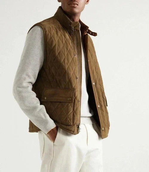 Man wearing an olive brown diamond quilted suede leather vest