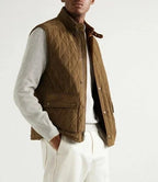 Man wearing an olive brown diamond quilted suede leather vest