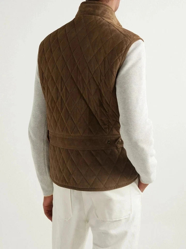 Olive brown diamond quilted suede leather vest with belted back