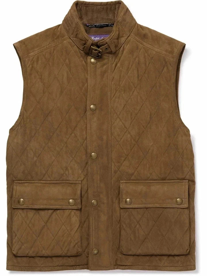 Olive brown diamond quilted suede leather vest for men