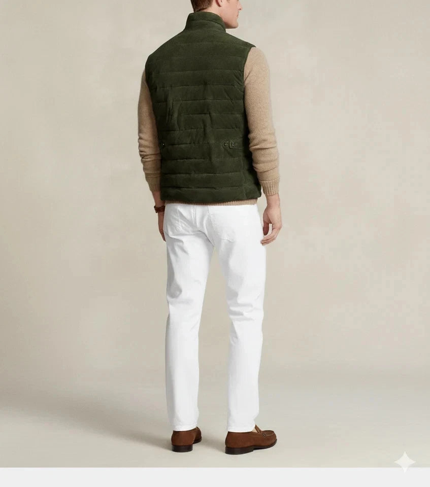 Back view of olive green quilted vest on model