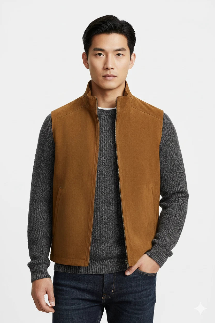 Front view of tan stand-collar zip vest on model