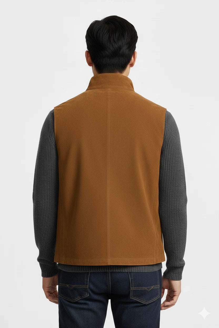 Back view of tan stand-collar sleeveless vest on model