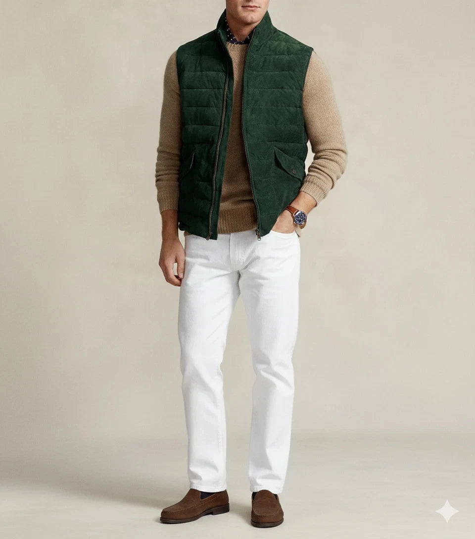 Front view of men's dark green quilted zip-up vest