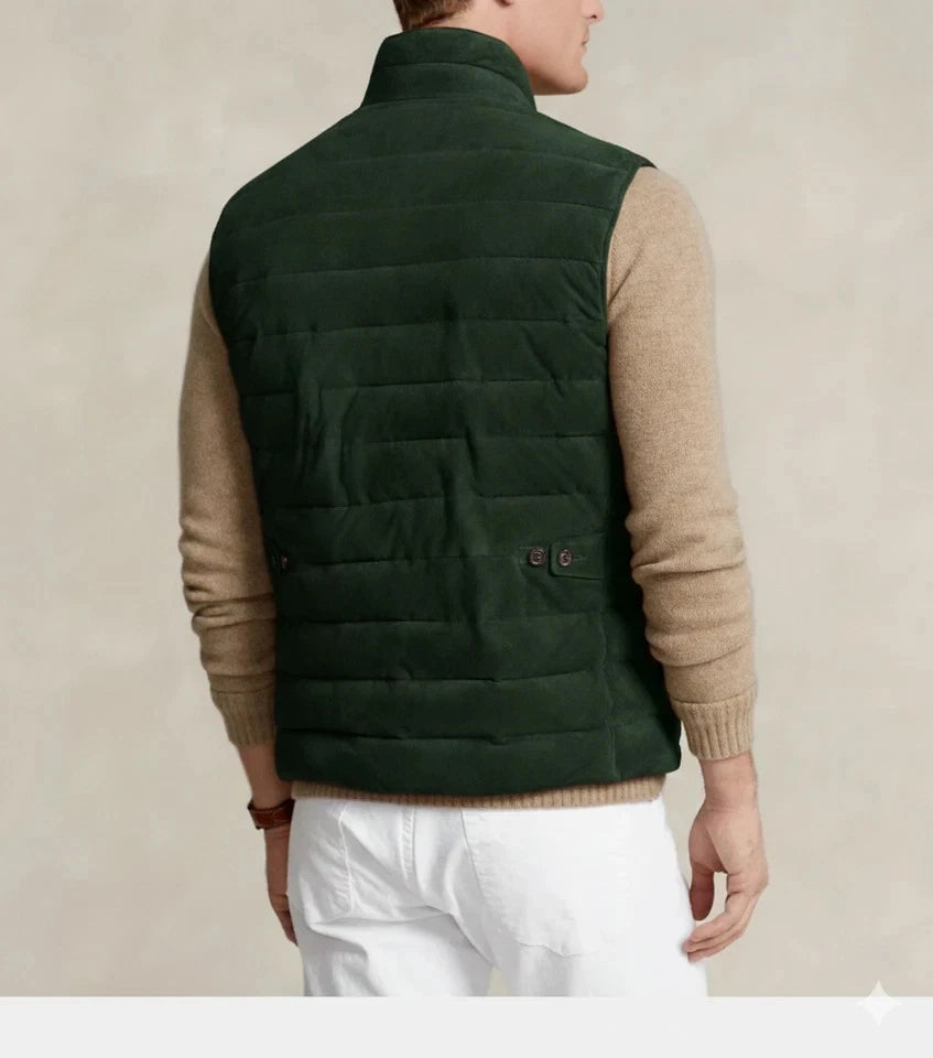 Back view of men's dark green quilted zip-up vest