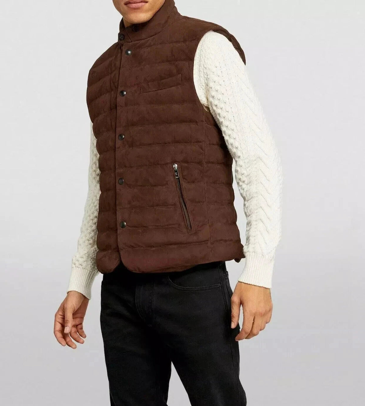 Front view of men's brown quilted stand-collar vest