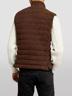 Back view of men's brown quilted stand-collar vest