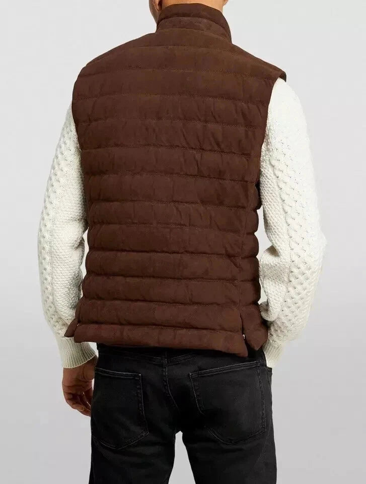 Back view of men's brown quilted stand-collar vest