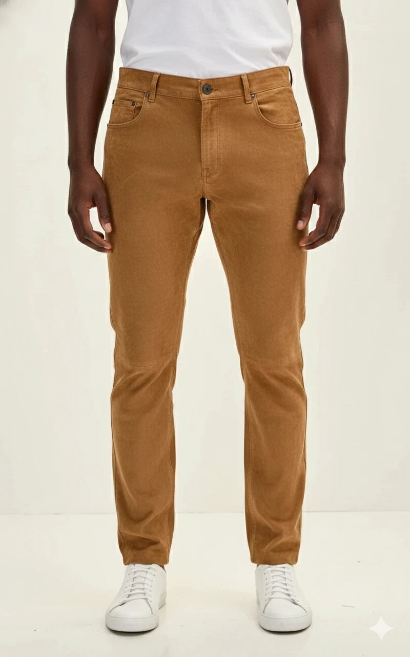 Front view of men's tan suede leather pants