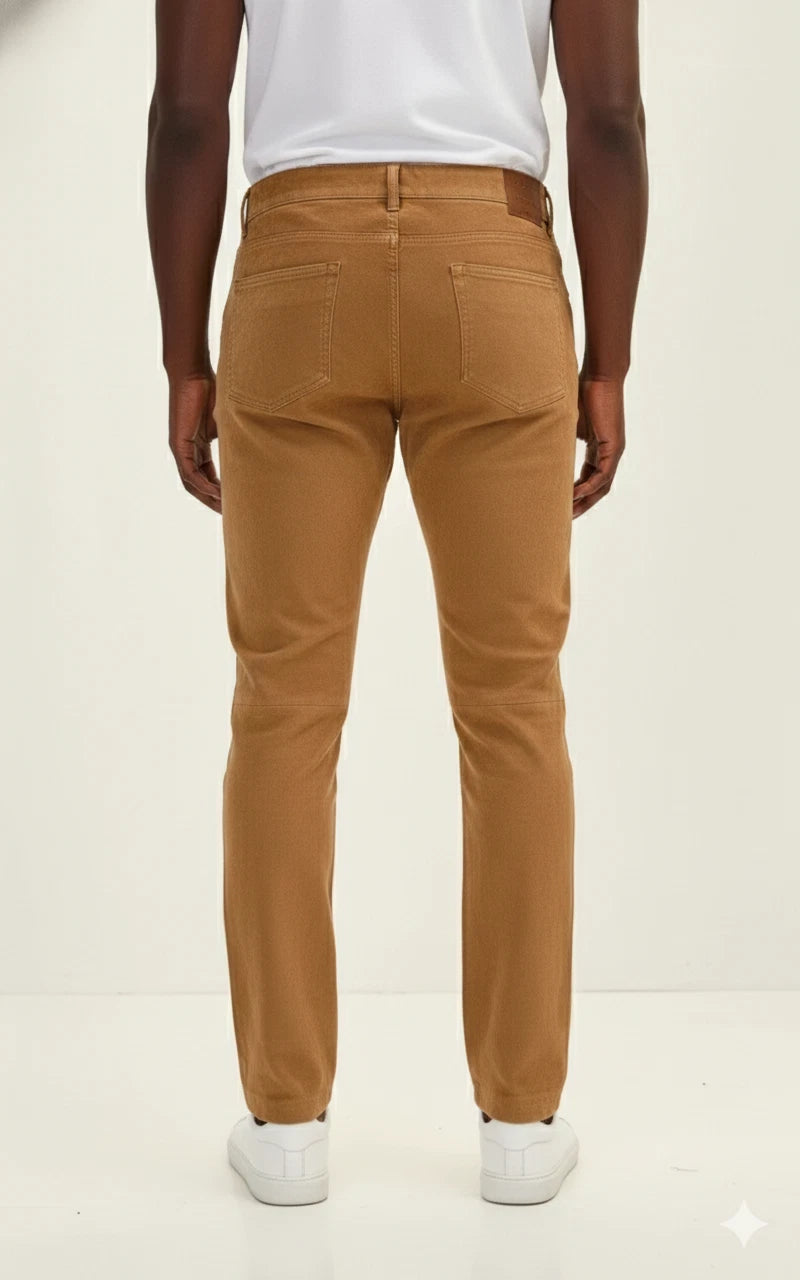 Back view of men's tan suede leather pants