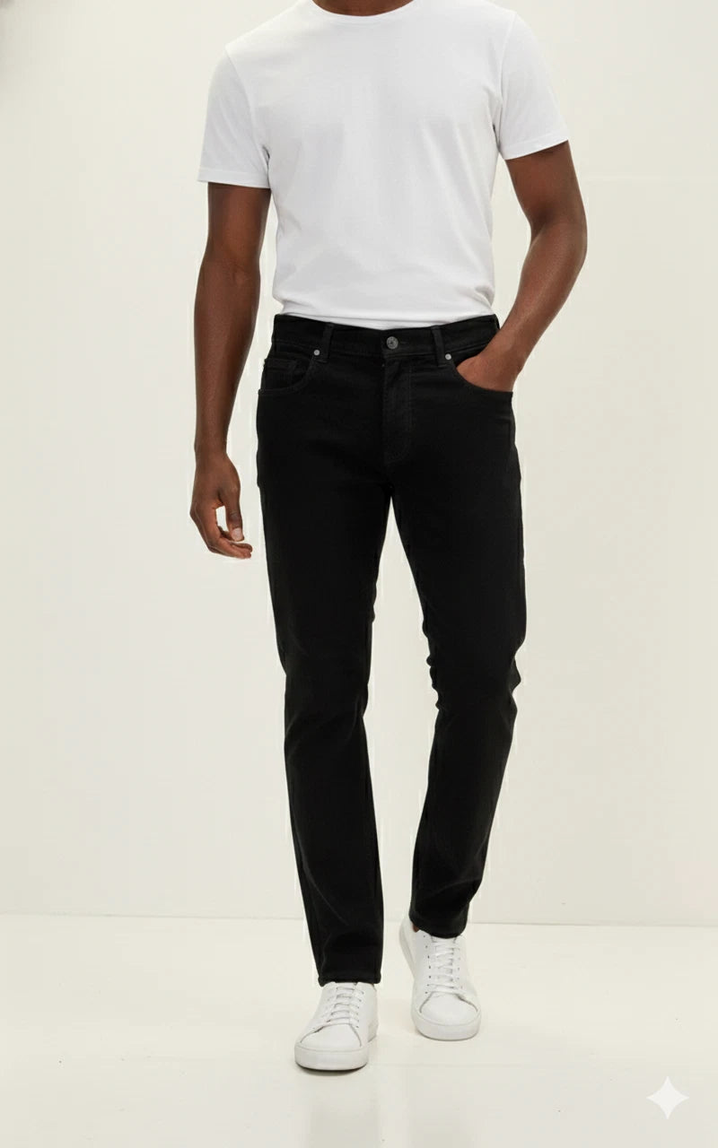 Front view of men's black suede leather pants