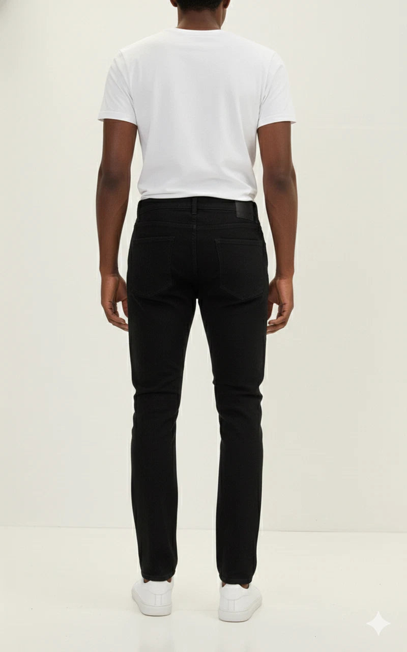 Back view of men's black suede leather pants