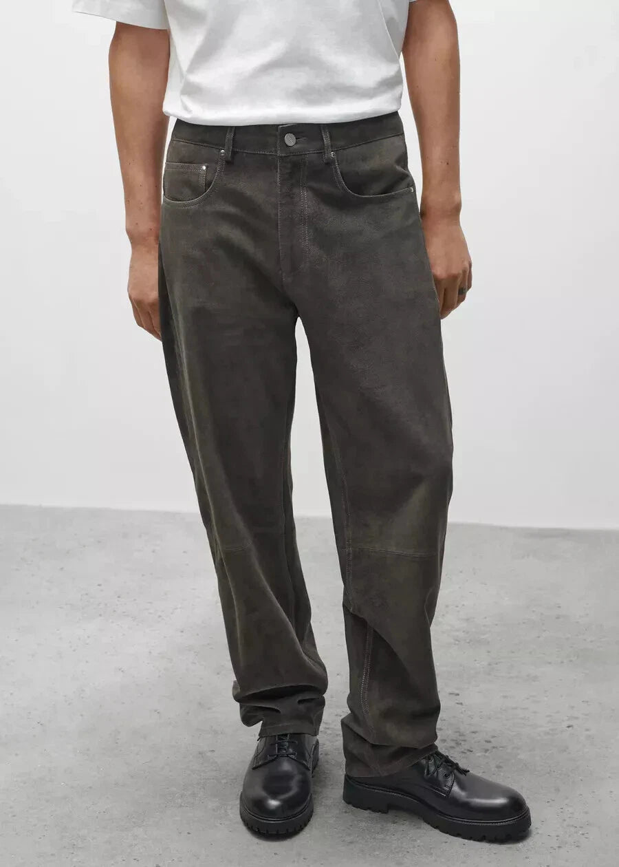 Back view of men's charcoal grey suede leather pants