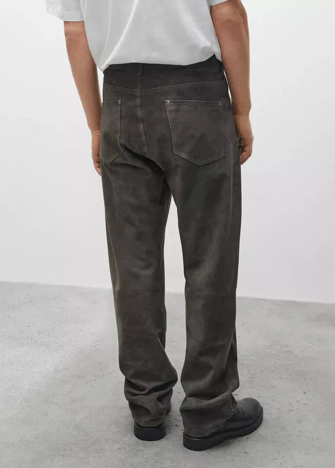 Front view of men's charcoal grey suede leather pants