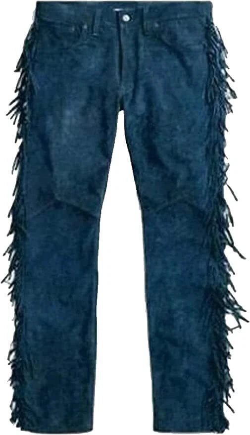 Deep blue suede pants with long fringe along both outer legs and a button-front waist.