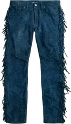 Deep blue suede pants with long fringe along both outer legs and a button-front waist.