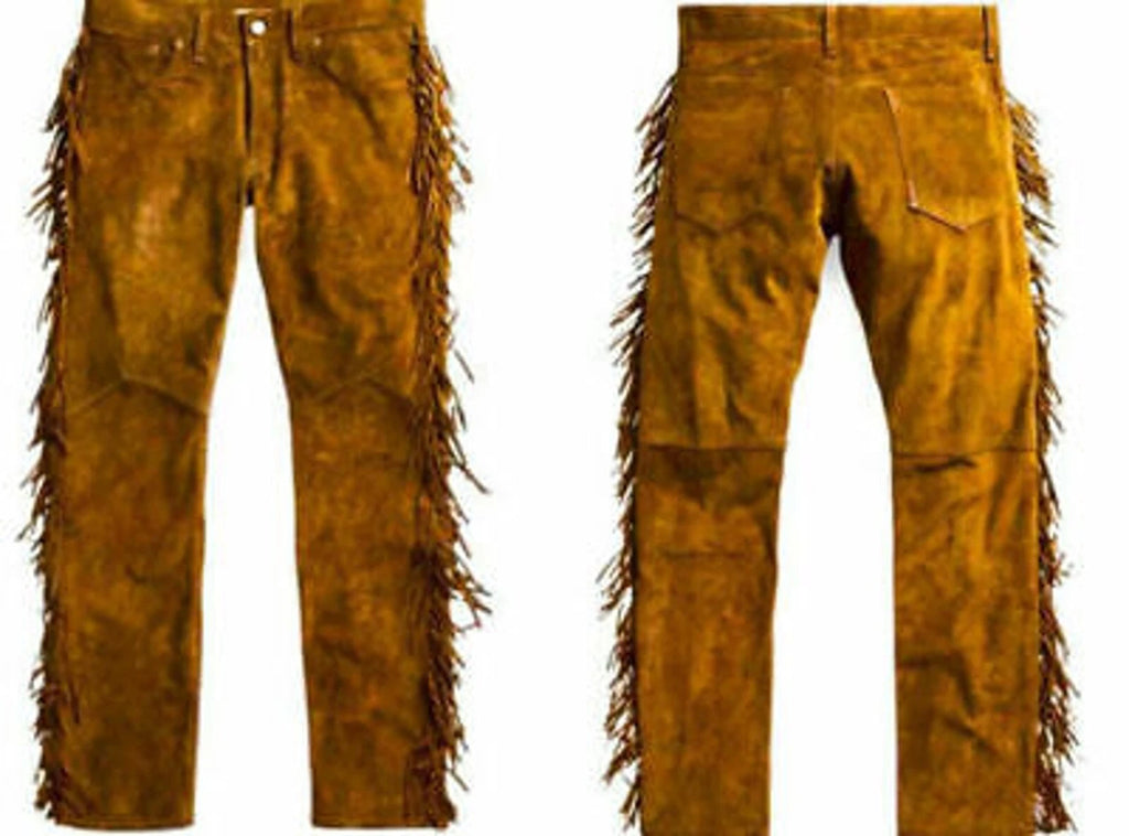 Front and back views of tan suede leather pants with fringe along the outer legs