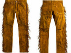 Front and back views of tan suede leather pants with fringe along the outer legs