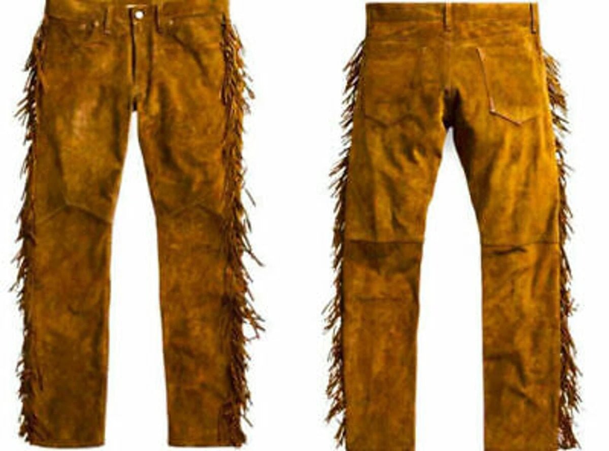 Front and back views of tan suede leather pants with fringe along the outer legs