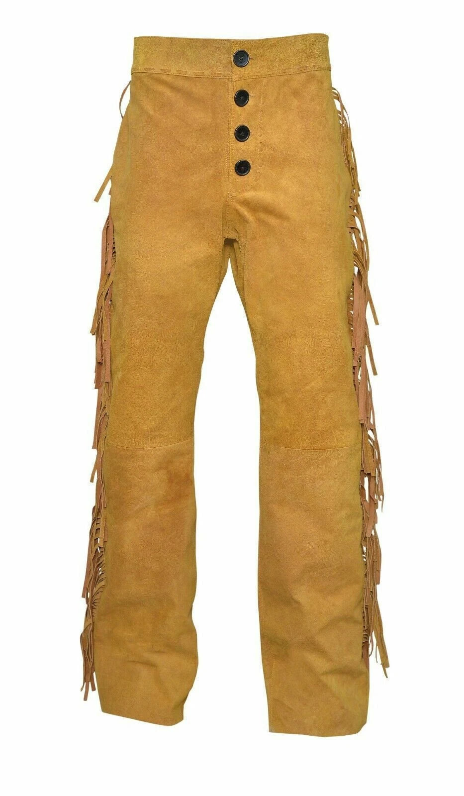 Back view of light tan suede leather fringe pants with lace-up back waist