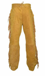 Front view of light tan suede leather fringe pants with four-button front