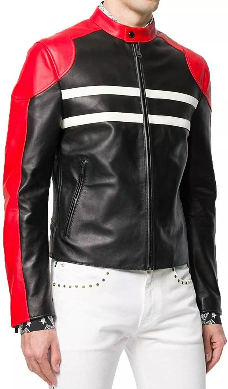 Men's Black & Red Racing Premium Original Leather Jacket - Stripe Detail
