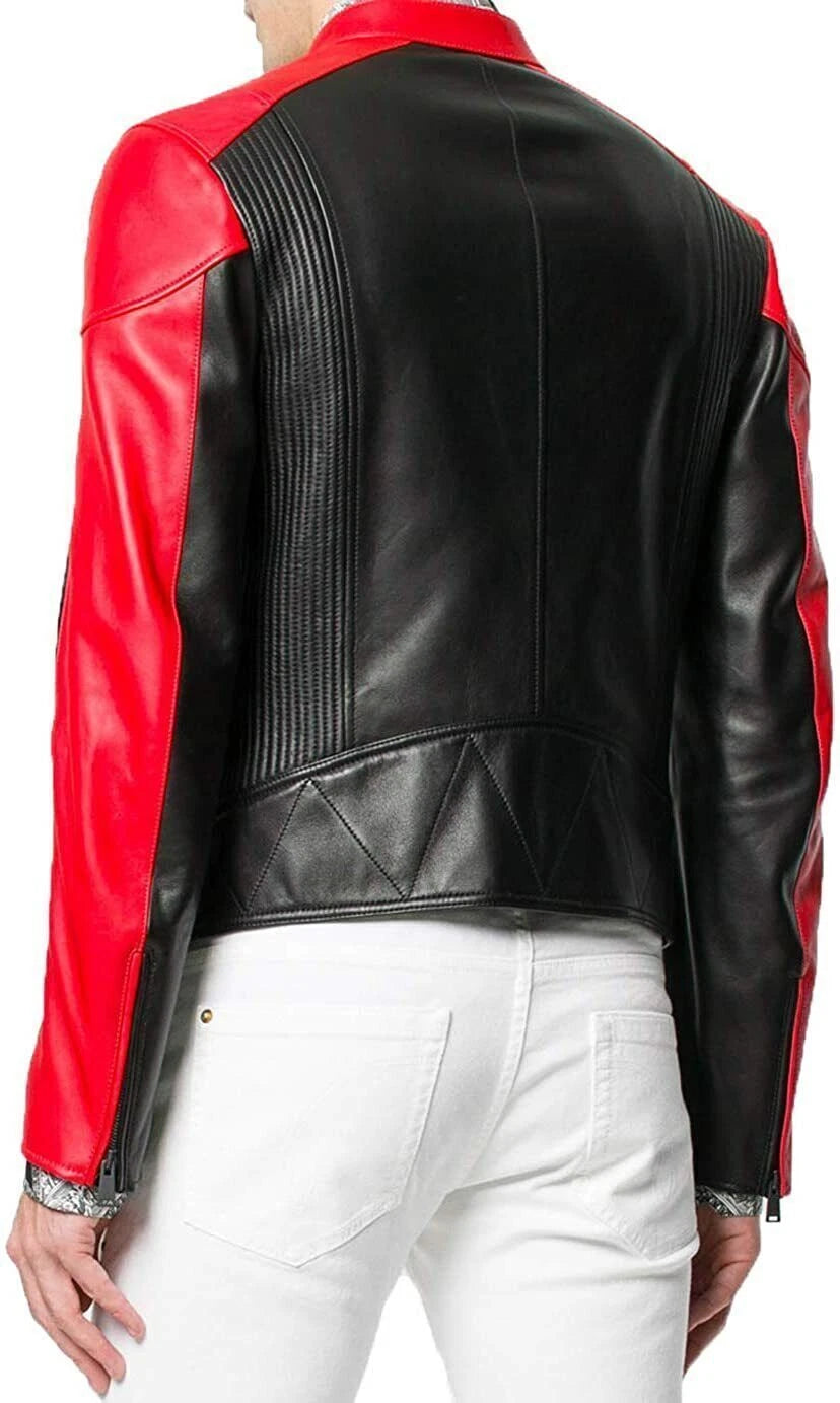 Men's Black & Red Racing Premium Original Leather Jacket - Stripe Detail