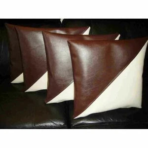 Brown and White Original Leather Pillow - Geometric Triangle Design Premium Cushion