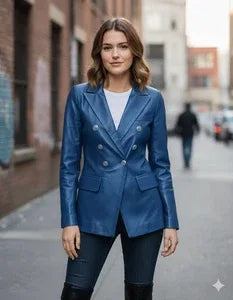 Women's Blue Original Leather Blazer - Premium Full-Grain Double-Breasted Jacket