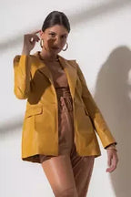 Women's Mustard Yellow Original Leather Blazer - Premium Full-Grain Leather Jacket
