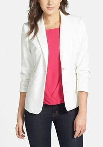 Women's White Leather Original Blazer with Gold Buttons - Premium Full-Grain Leather Jacket