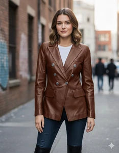 Women's Brown Original Leather Blazer with Peplum Waist - Premium Full-Grain Leather Jacket