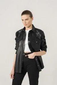 Women's Black Full Grain Original  Leather Shirt - Handcrafted Glossy Finish with Chest Pockets