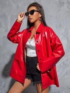 Red Leather Original Shirt - Oversized Full-Grain Premium Leather Shirt for Women