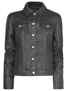Black Leather Premium Trucker Shirt - Classic Full-Grain Leather Denim-Style Original Shirt for Women