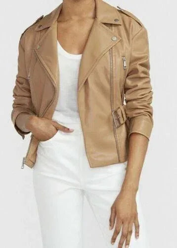 Women's Original Camel Leather Premium Biker Jacket with Belt - Kamercio