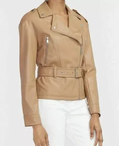 Women's Original Camel Leather Premium Biker Jacket with Belt - Kamercio