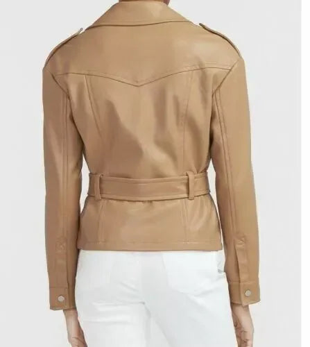 Women's Original Camel Leather Premium Biker Jacket with Belt - Kamercio