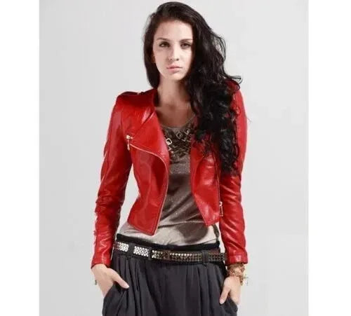Women's Fitted Original Red Leather Premium Biker Jacket - Kamercio