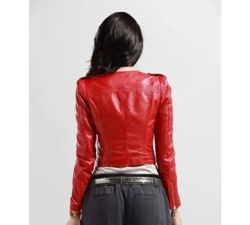 Women's Fitted Original Red Leather Premium Biker Jacket - Kamercio