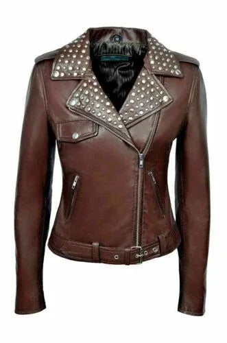 Women's Studded Brown Original Leather Biker Premium Jacket - Kamercio