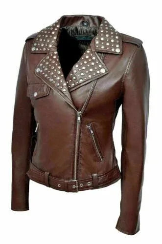 Women's Studded Brown Original Leather Biker Premium Jacket - Kamercio