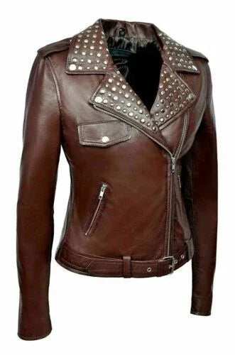 Women's Studded Brown Original Leather Biker Premium Jacket - Kamercio