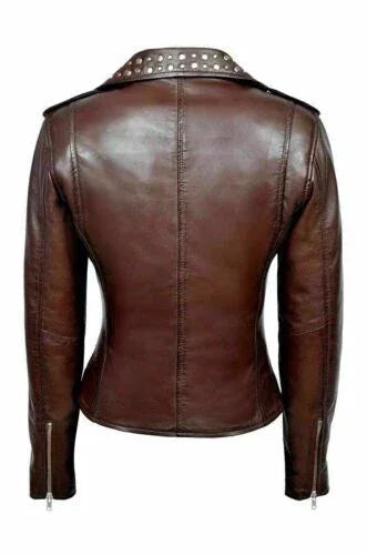 Women's Studded Brown Original Leather Biker Premium Jacket - Kamercio