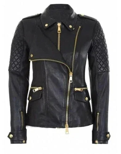 Women's Black Premium Leather Biker Original Jacket with Quilted Sleeves