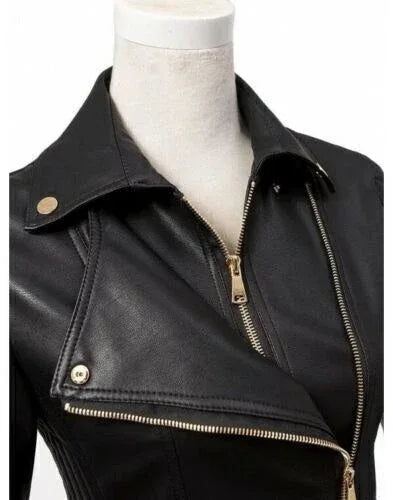 Women's Black Premium Leather Biker Original Jacket with Quilted Sleeves