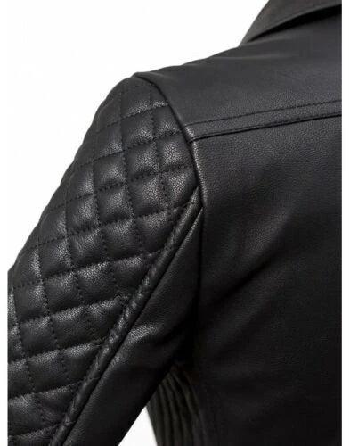 Women's Black Premium Leather Biker Original Jacket with Quilted Sleeves