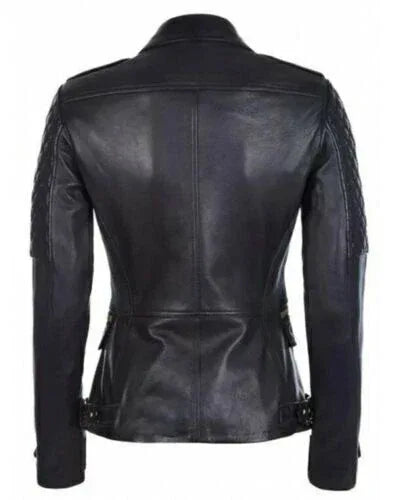 Women's Black Premium Leather Biker Original Jacket with Quilted Sleeves