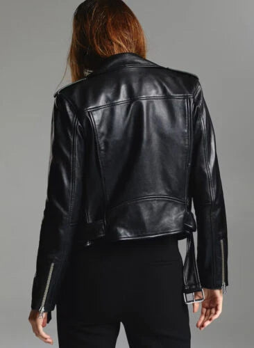 Original Classic Premium Leather Biker Jacket - Women's Moto with Belt Detail