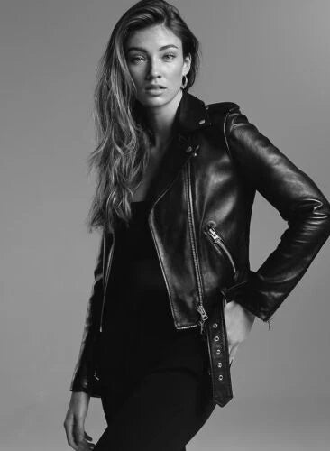 Original Classic Premium Leather Biker Jacket - Women's Moto with Belt Detail